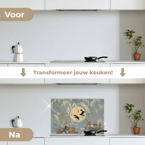 Kraanvogels - Maan - Bloemen - Blauw keuken achterwand spatscherm klein -voor_na_NL