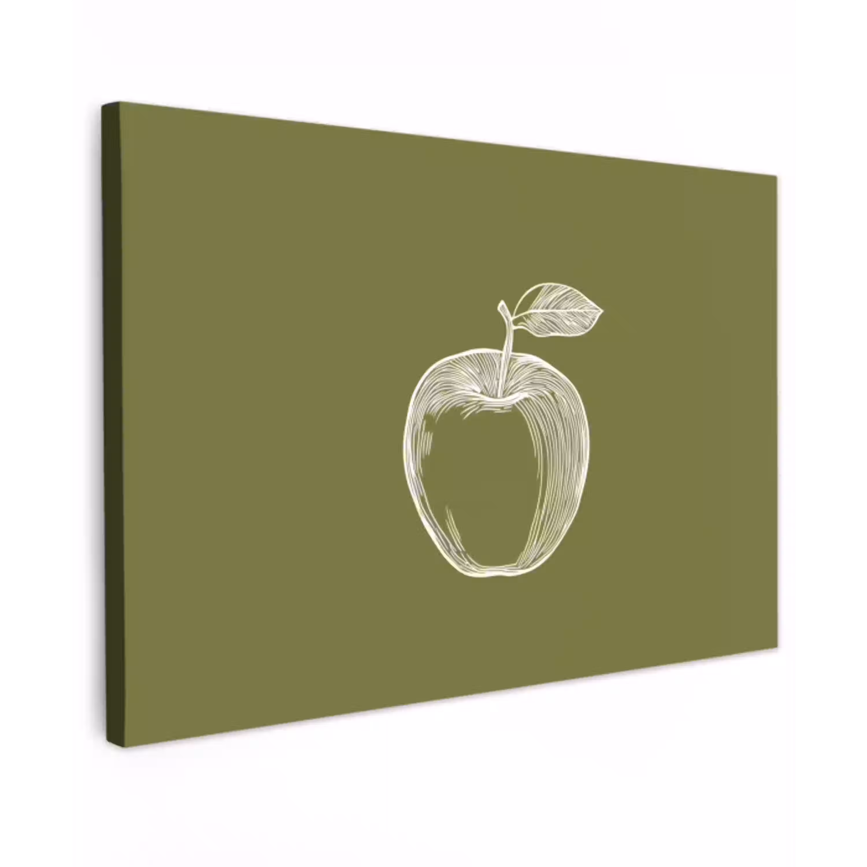 Lijntekening - Appel - Olijfgroen - Blaadje Tuinposter op houten frame 2 cm dik klein -3d