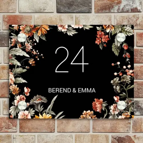 Bloemen - Zwart - Klassiek Naambord Rechthoek middel -sfeer3