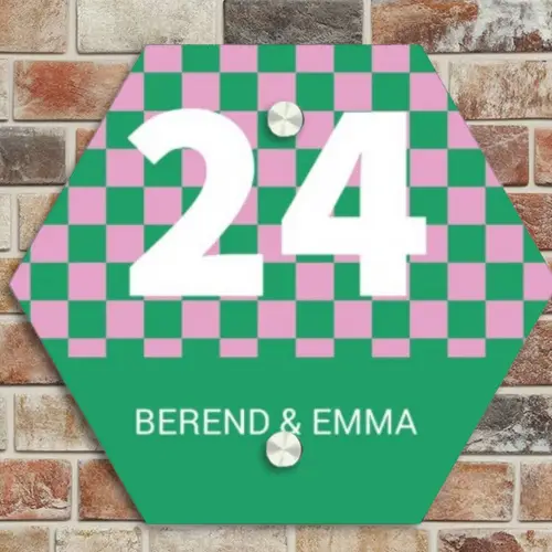 Groen - Roze - Blokjes - Klassiek Naambord Hexagon klein -sfeer2