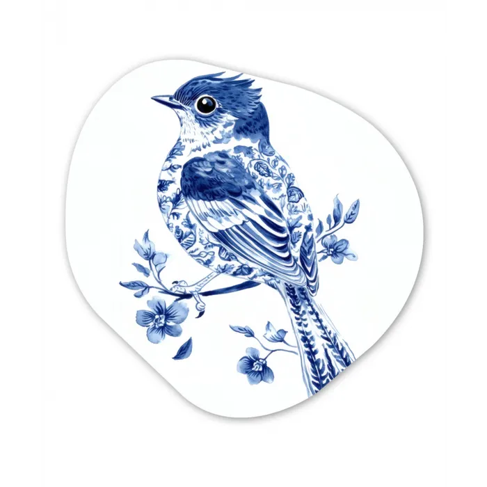 Vogel - Delfts blauw - Illustratie - Bloemen Wandcirkel Organisch Forex 3mm klein -3d