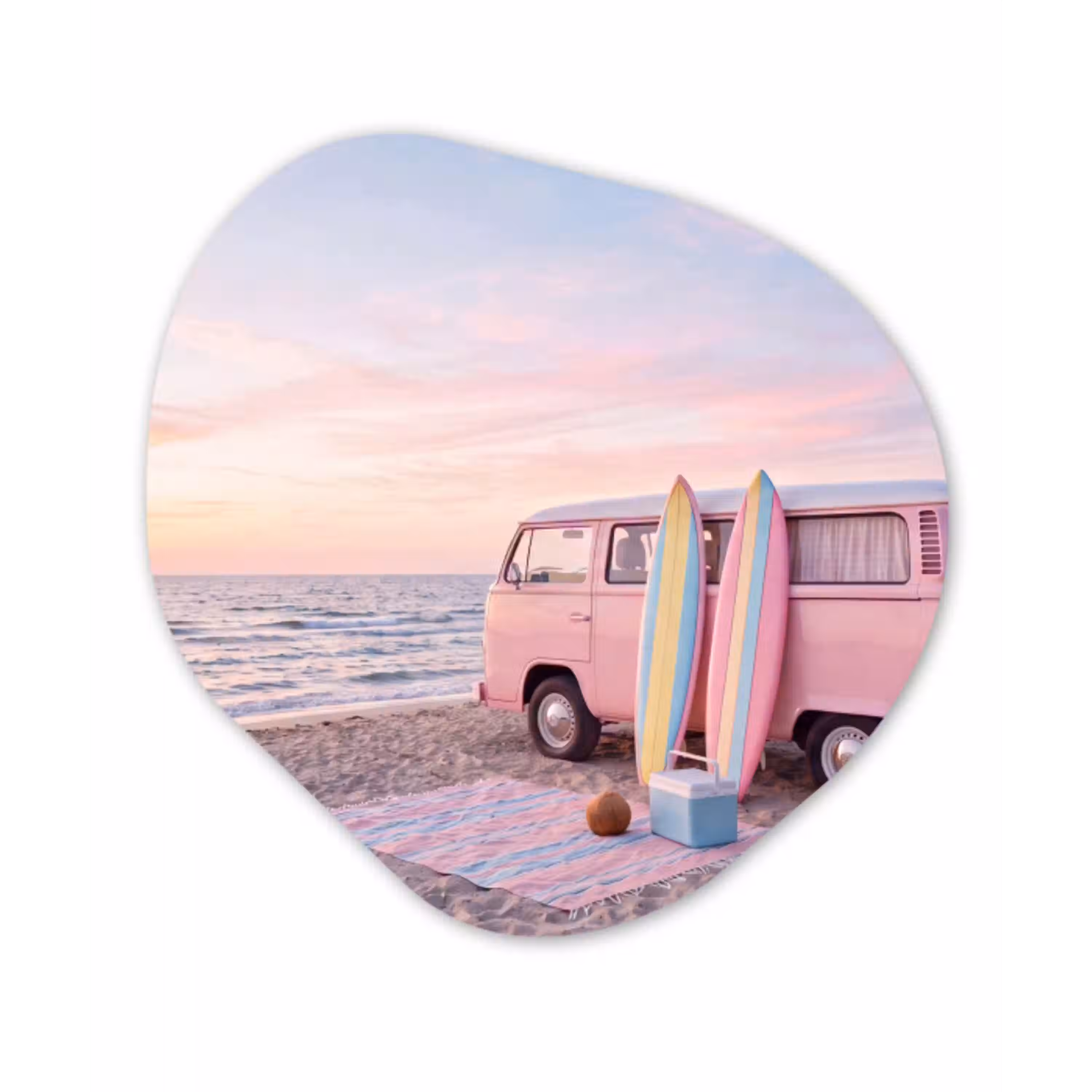 Busje - Strand - Surfplank - Zomer - Roze Wandcirkel Organisch Aluminium middel -3d