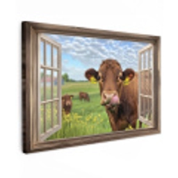 Doorkijk - Koe - Weiland - Landschap - Dieren Tuinposter op houten frame 2 cm dik klein -3d