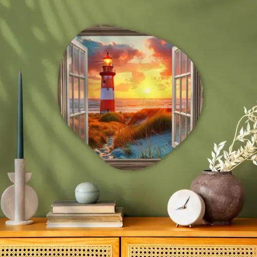 Doorkijk - Raam - Vuurtoren - Zonsondergang - Strand Wandcirkel Organisch Plexiglas middel -sfeer2