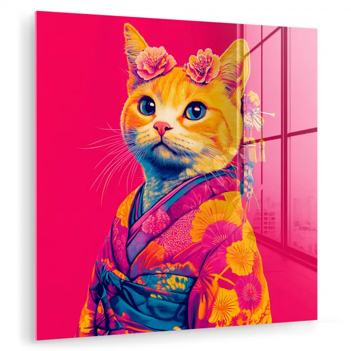Kat - Kimono - Bloemen - Roze plexiglas 5mm klein -zzzproduct_nieuw