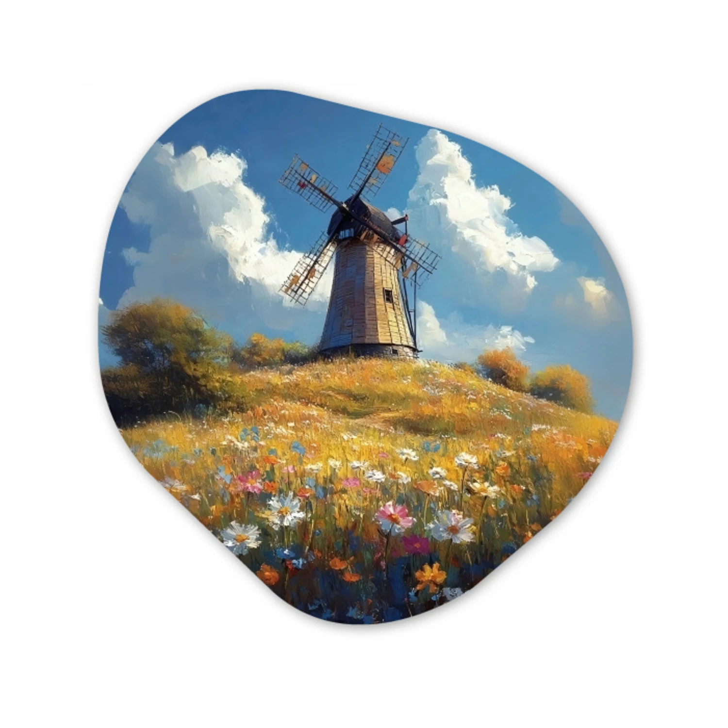 Windmolen - Heuvel - Bloemen - Kleurrijk Wandcirkel Organisch Forex 3mm klein -3d