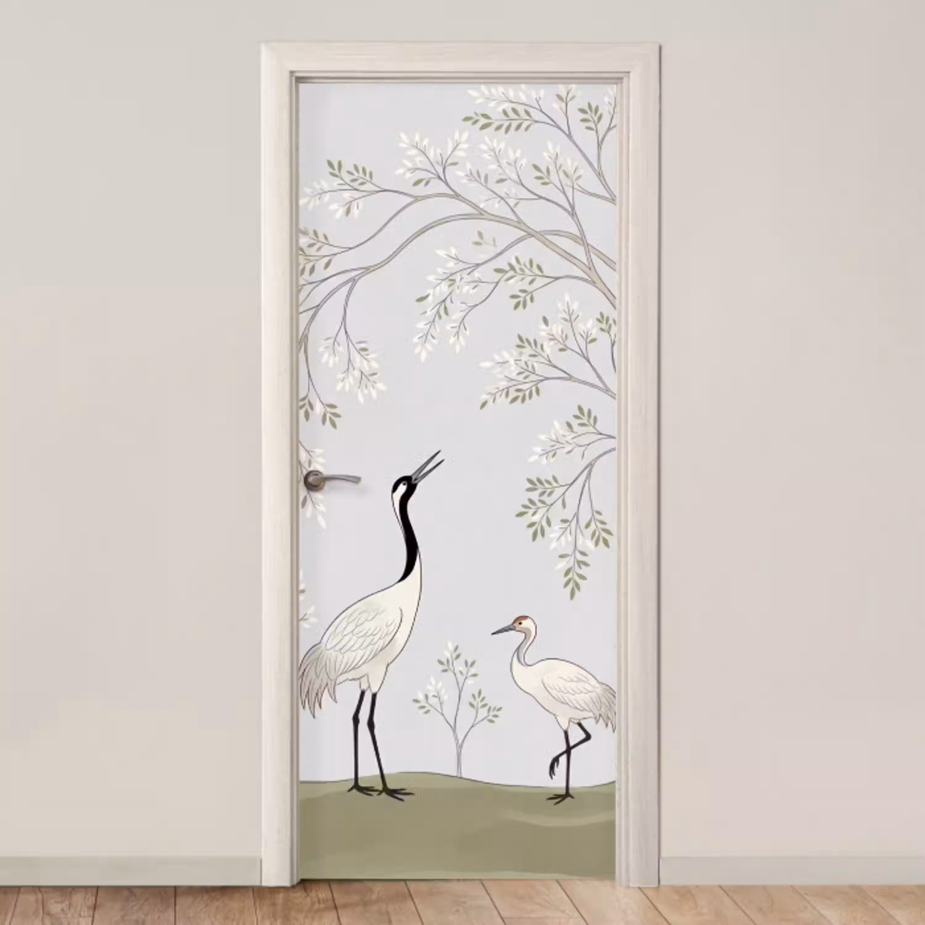 Minimalistisch - Kraanvogels - Blauw deurposter klein -3d_beige
