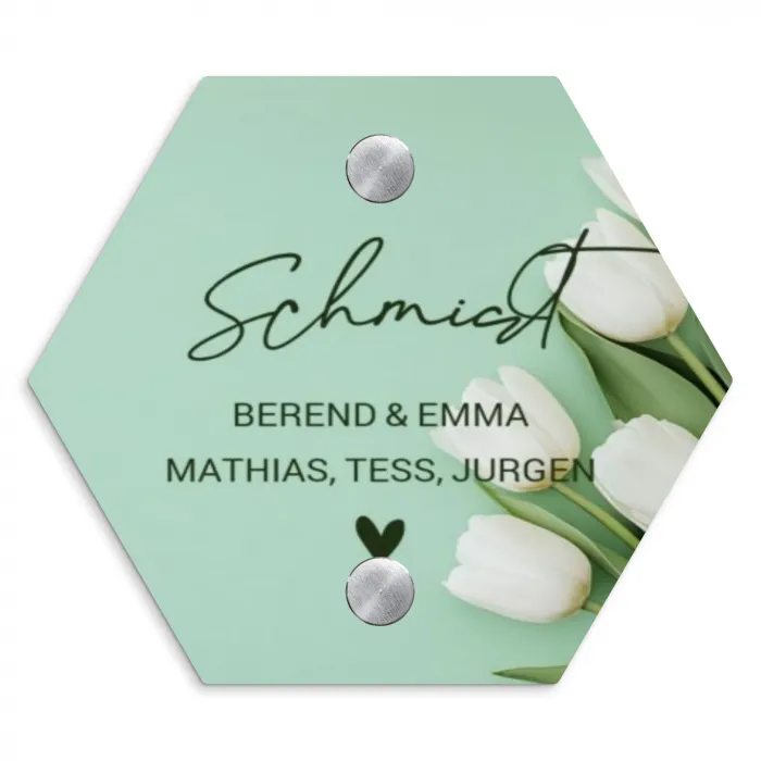 Witte tulpen - Sierlijk Naambord Hexagon klein -3d