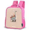 Blauwe dinosaurus op een beige stippenachtergrond Kinderrugzak - Roze middel -schuin