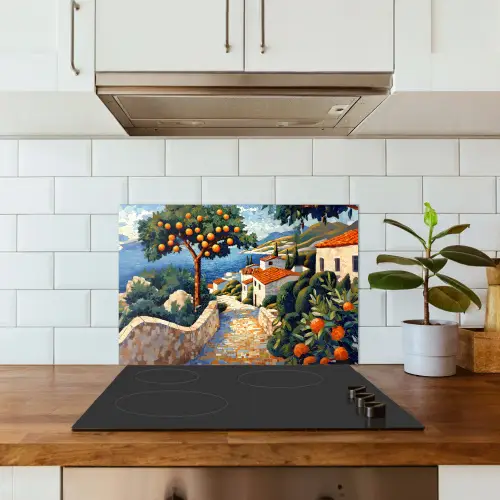 Huizen - Mozaïek - Sinaasappelbomen - Zee keuken achterwand spatscherm klein -sfeer2