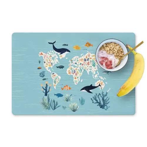 Wereldkaart - Zeeleven - Blauw Placemat vinyl groot -zzzproduct_Kitchenyeah-website