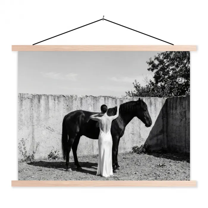Vrouw - Paard - Artistiek textielposter latten blank klein -3d
