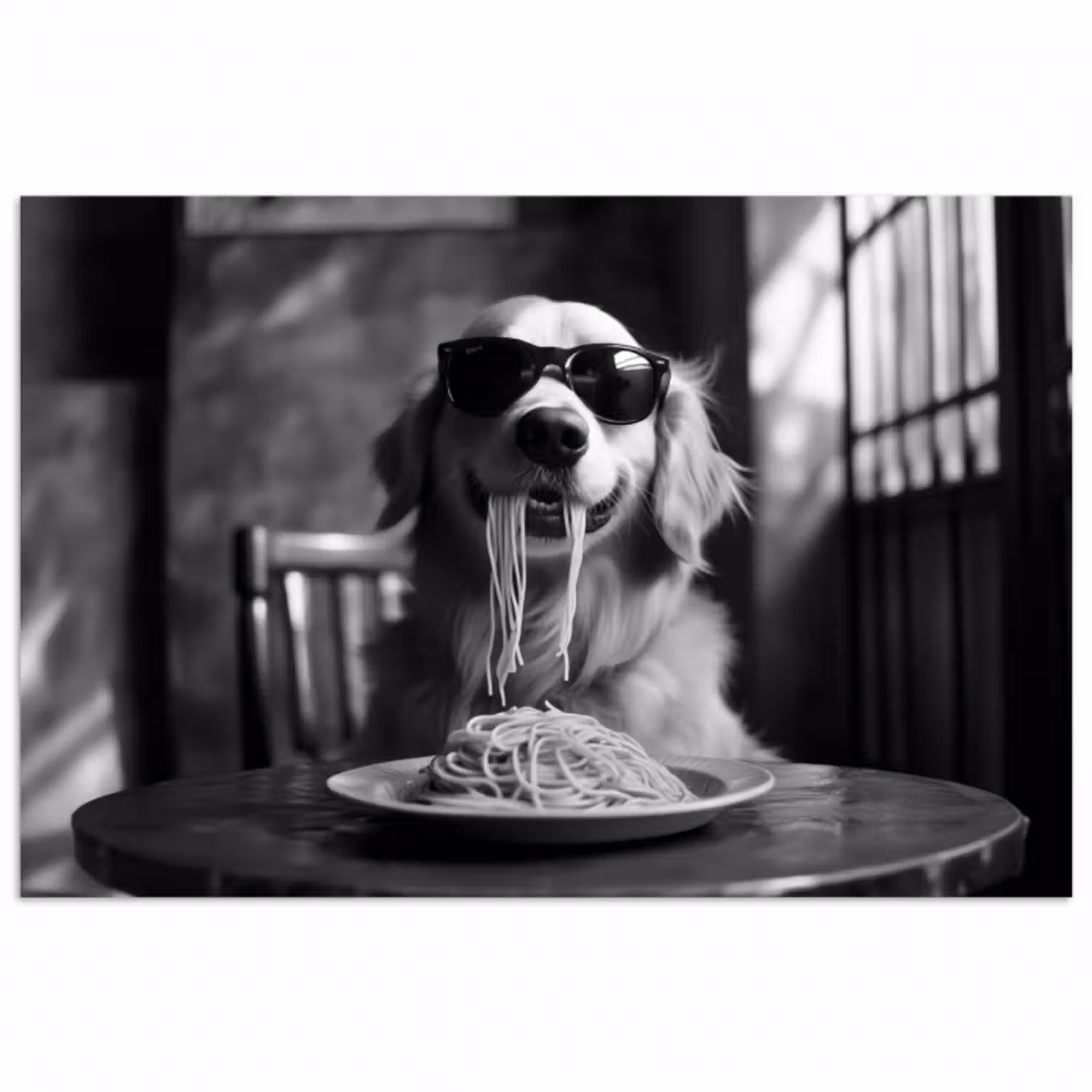 Poster - Golden Retriever - Hund - Fröhlich - Teller Spaghetti - Schwarz - Weiß