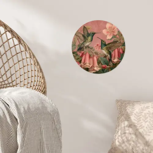 Kolibries - Bloemen - Groen - Roze Wandcirkel behangsticker klein -sfeer4