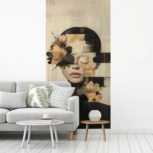 Gezicht - Bloemen - Zwart - Vrouw fotobehang vinyl groot -woonkamer