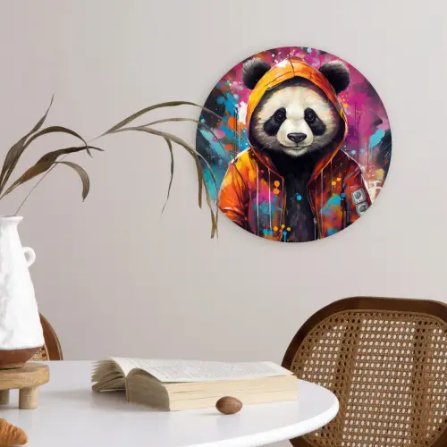 Panda - Jas - Graffiti - Oranje Wandcirkel kunststof plaat 5mm dik klein -sfeer4