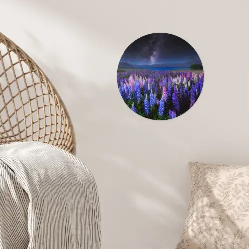 Bloemen - Nacht - Lupine - Sterrenhemel - Paars - Natuur Wandcirkel behangsticker klein -sfeer4