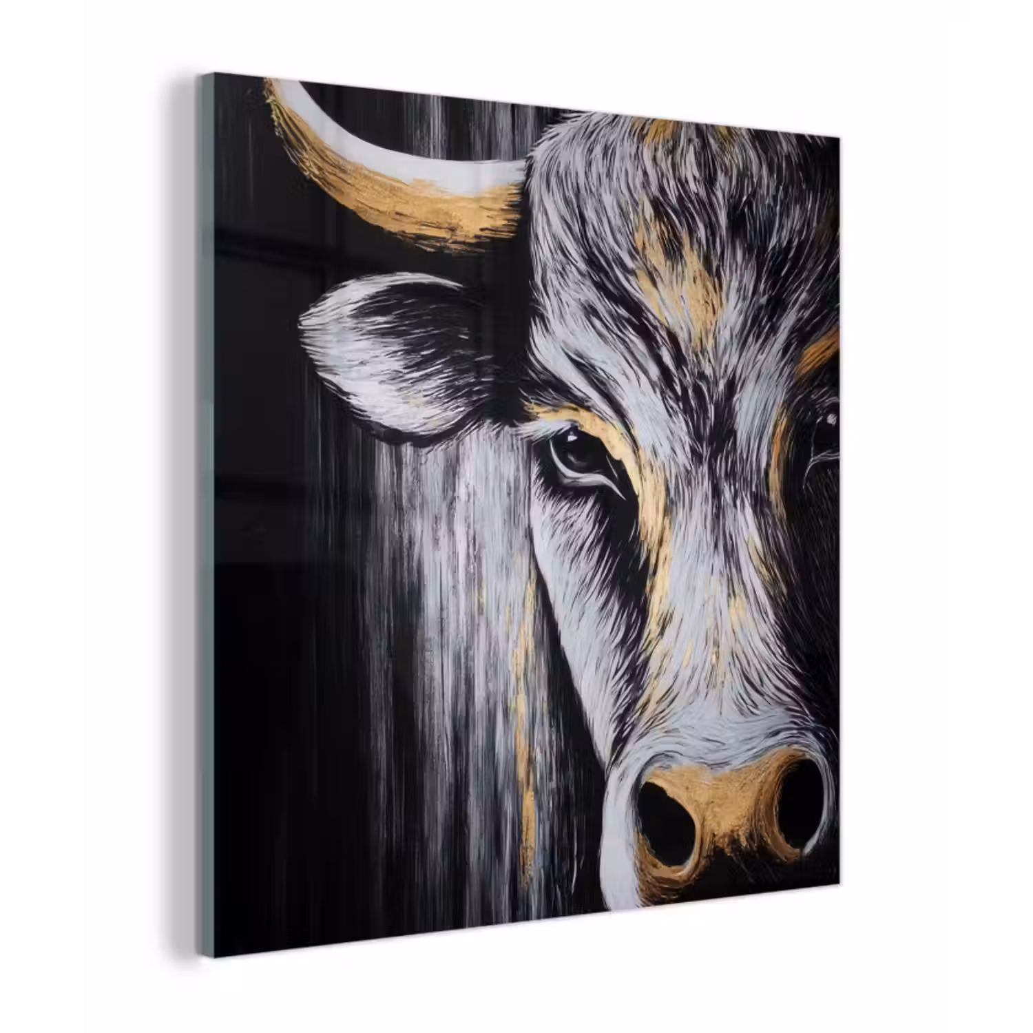 Glas schilderij - Stier - Hoorns - Snuit - Goud