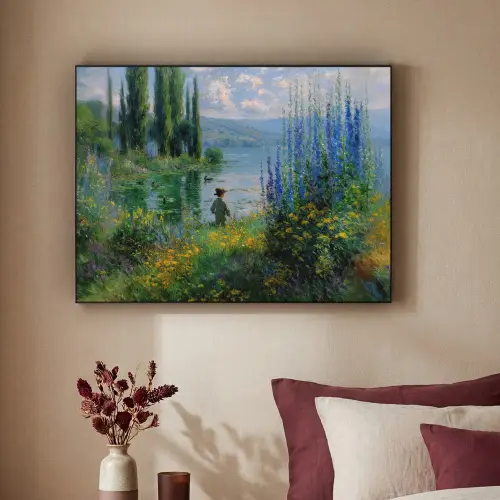 Bloemen - Meer - Bergen - Groen Textielframe zwart klein -sfeer1