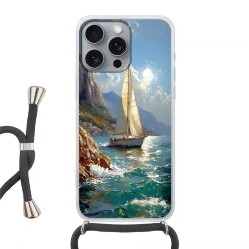 Zeilschip - Zee - Rotsen - Wolken Hoesje iPhone 16 Pro Max met koord klein -3d