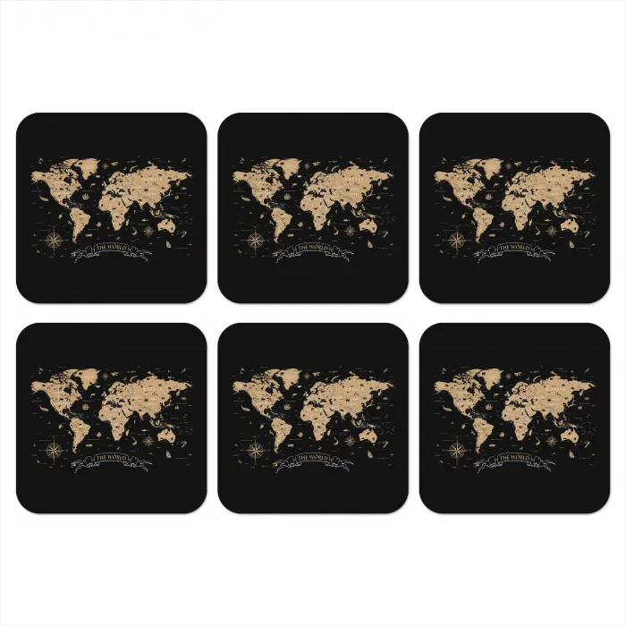 Wereldkaart - Beige - Zwart onderzetter kurk middel -3d