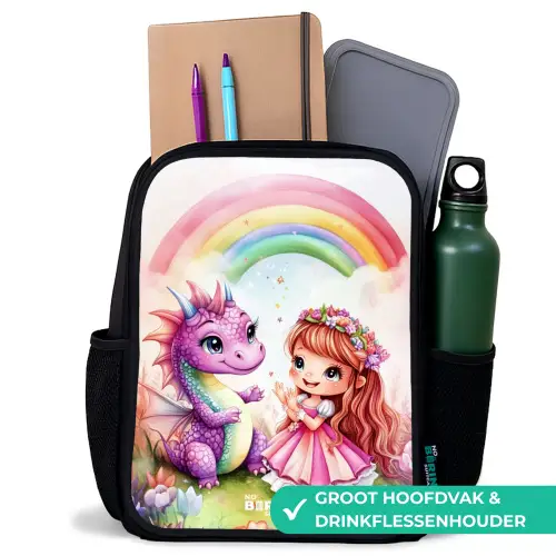 Meisje met paarse draak onder regenboog Rugzak - Zwart middel -inhoud_NL