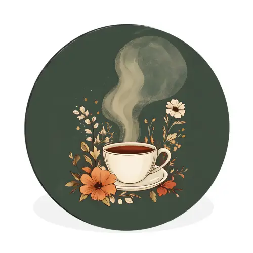 Kop - Bloemen - Groen - Koffie Wandcirkel aluminium klein -3d
