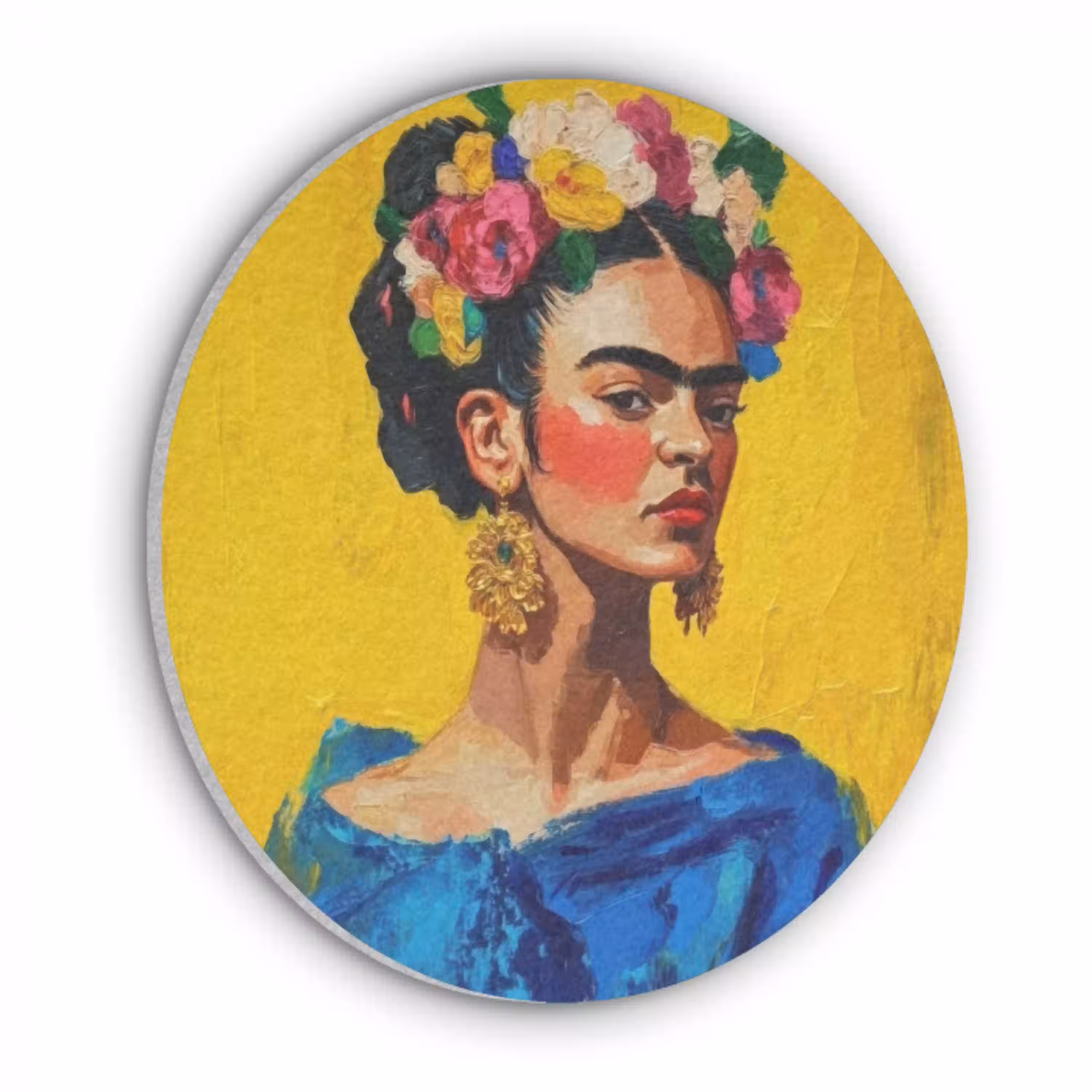 Frida Kahlo - Vrouw - Geel - Blauw - Bloemen Akoestische PET Vilt - Rond klein -3d