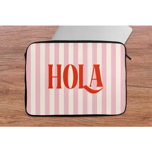 Hola - Quote -  Strepen - Pastel - Roze - Rood - Wit laptophoes neopreen klein -tafel