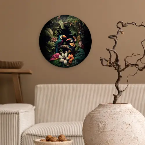 Vogel - Bloemen - Planten - Jungle - Zwart - Toekan Wandcirkel kunststof plaat 5mm dik klein -sfeer1