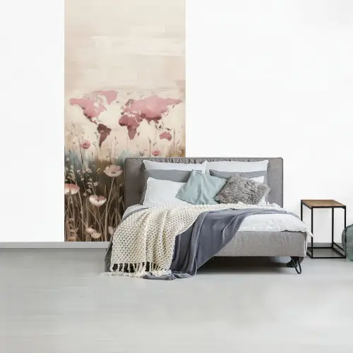 Wereldkaart - Roze - Bloemen fotobehang vinyl groot -slaapkamer