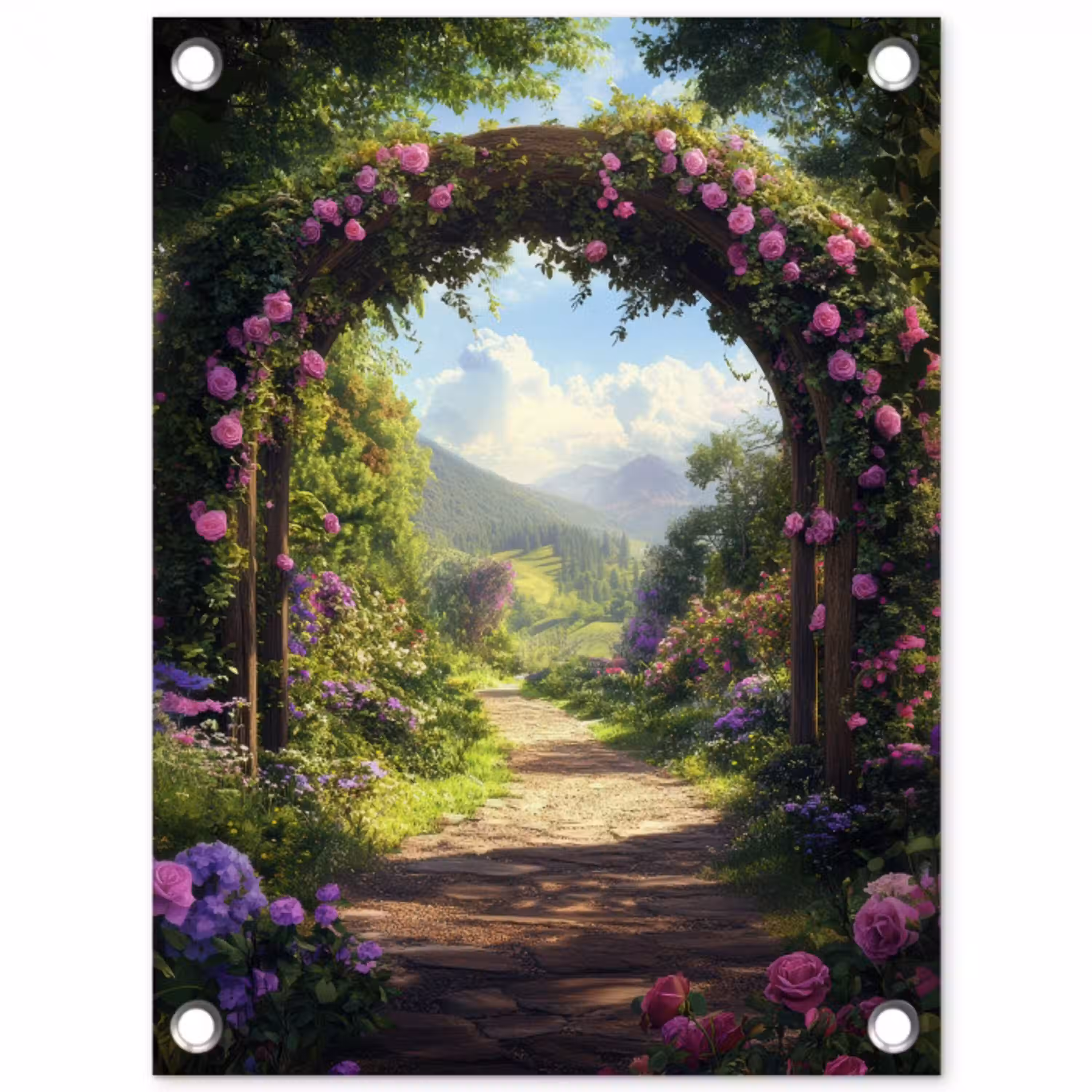 Doorkijk - Rozenboog - Uitzicht - Landschap - Bloemen tuinposter los doek klein -3d