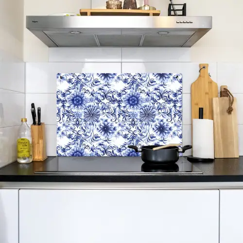 Bloemen - Blauw - Patroon - Wit Inductie beschemer met haakjes klein 777 -sfeer2