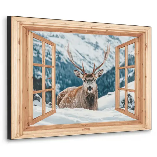 Doorkijk - Hert - Landschap - Winter - Natuur - Dieren - Bergen Textielframe - compleet frame klein -3d