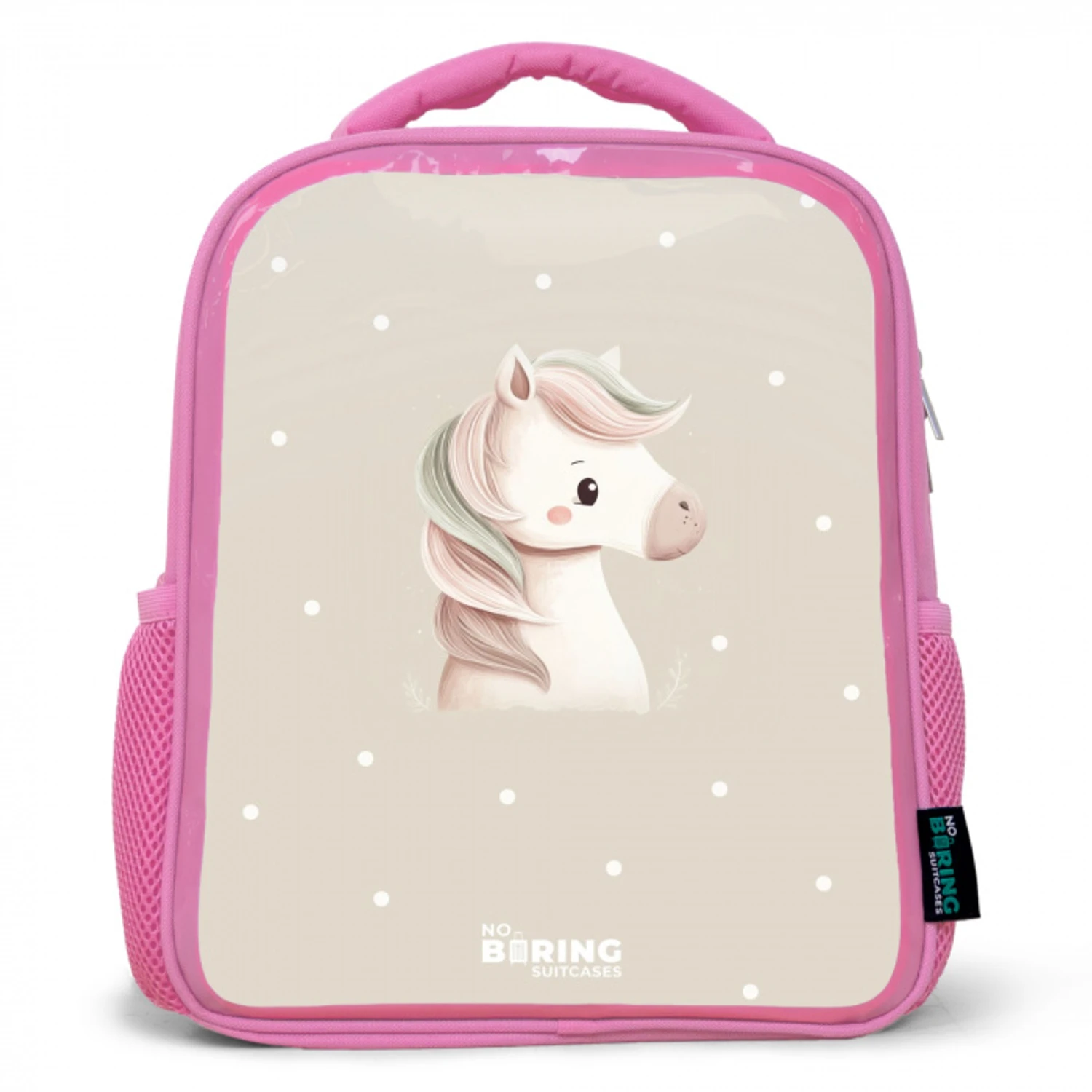 Pony omringd door stippen in beige kleuren Kinderrugzak - Roze middel -3d