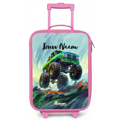 Groene Monstertruck met Penseelstreken Kinderkoffer - Roze klein -zz3dotto