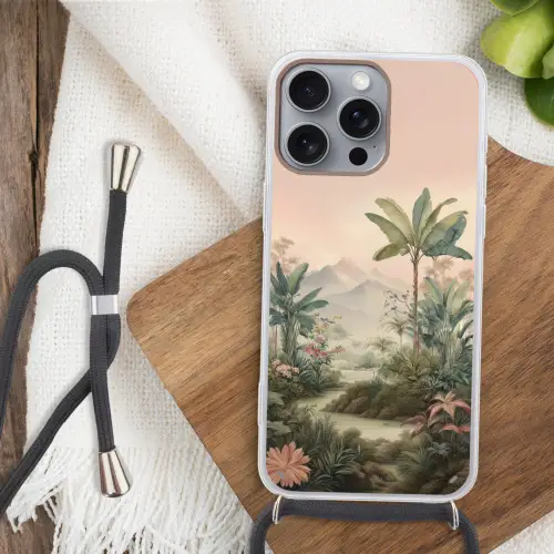 Tropisch landschap - palmbomen - Bloemen - Roze lucht Hoesje iPhone 16 Pro Max met koord klein -sfeer4