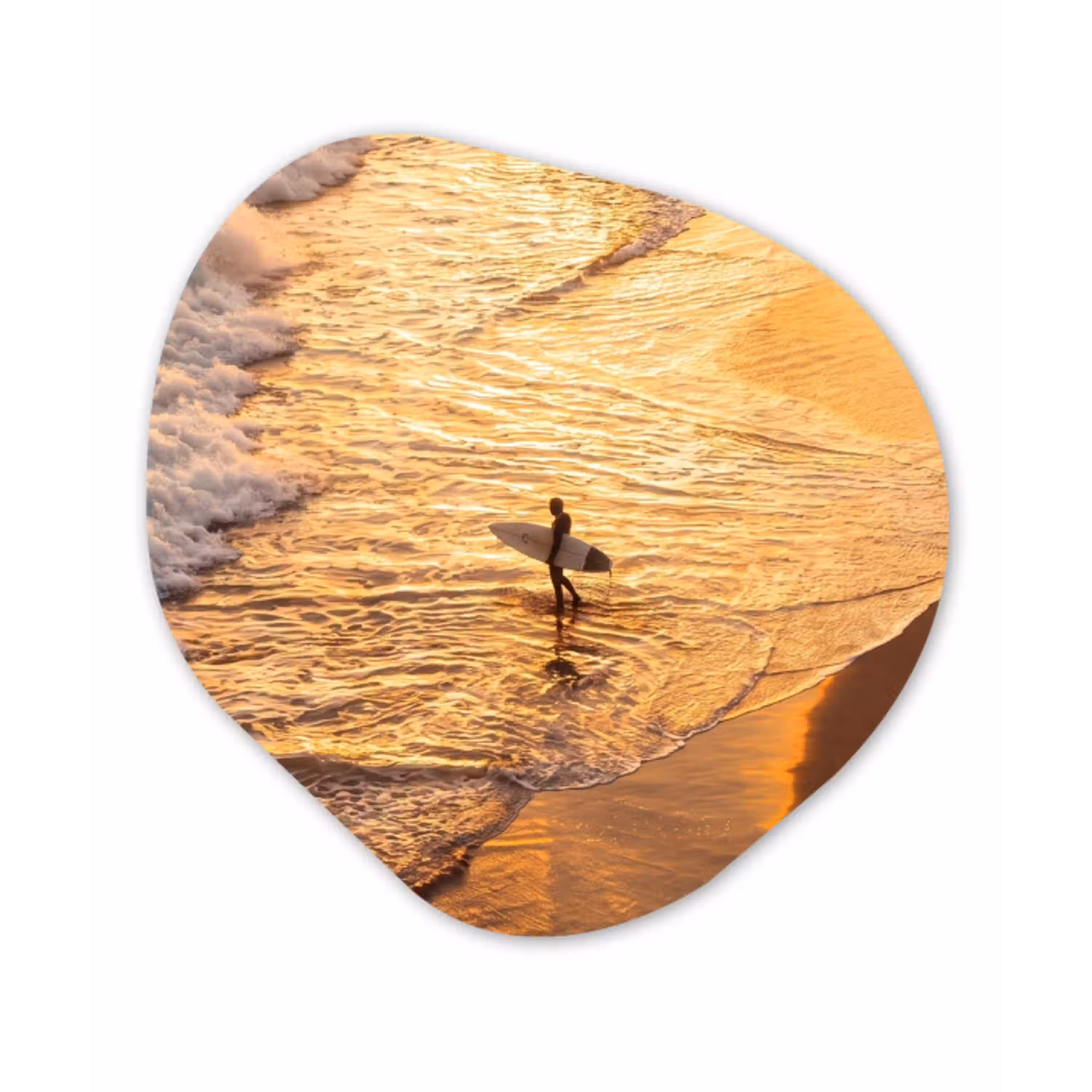 Surfer - Strand - Zonsondergang - Oceaan - Goud Wandcirkel Organisch Aluminium middel -3d