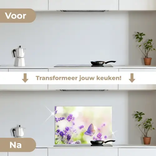 Lavendel - Vlinder - Bloemen keuken achterwand spatscherm klein -voor_na_NL