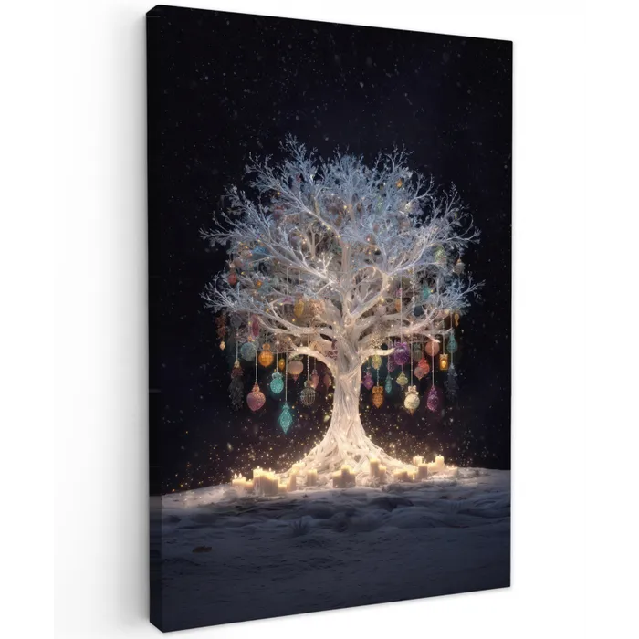 Sneeuwboom  - Lichtjes - Wit - Kleurrijk Tuinposter op houten frame 2 cm dik klein -3d