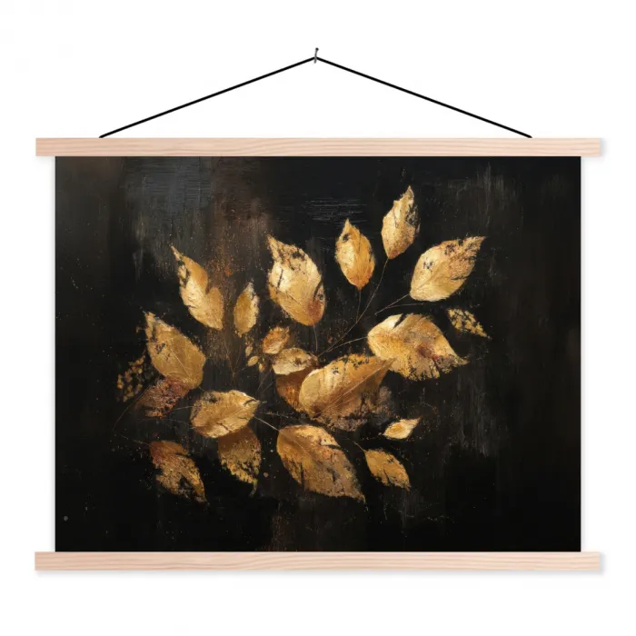 Gouden Bladeren op Donkere Achtergrond textielposter latten blank klein -3d
