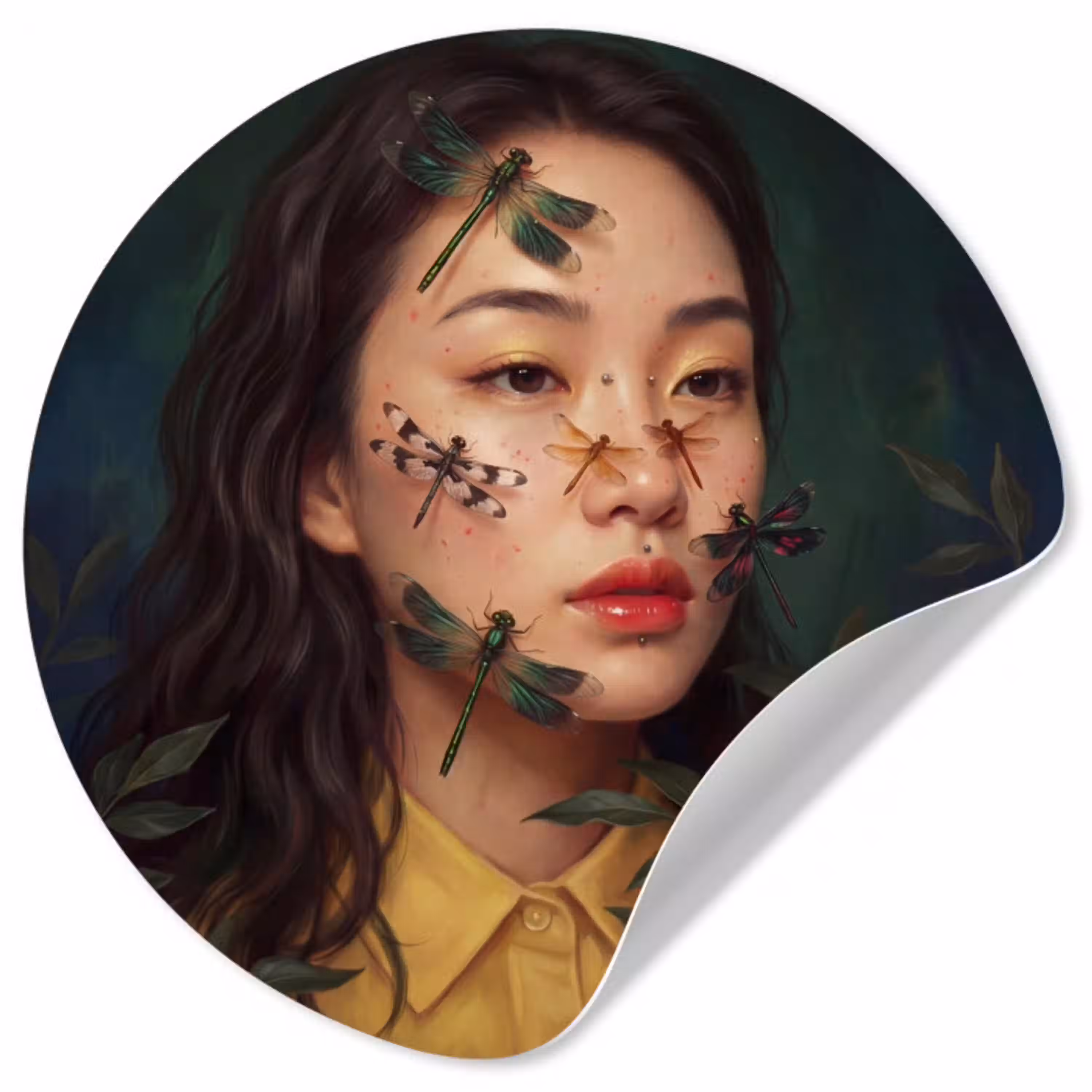 Vrouw - Insecten - Natuur - Portret - Groen Wandcirkel behangsticker klein -3d
