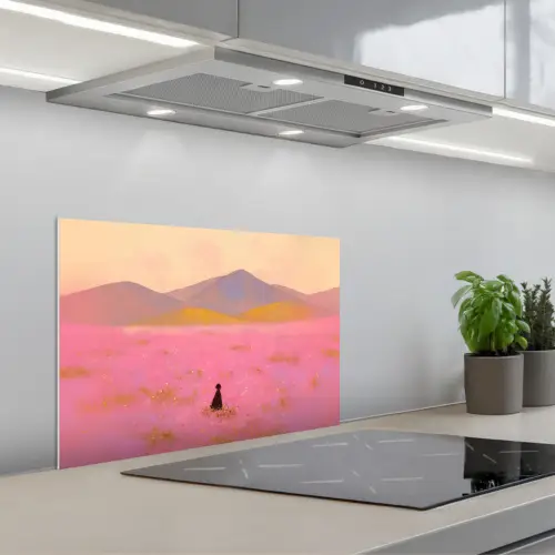 Bloemenweide - Heuvels - Silhouet - Roze keuken achterwand spatscherm klein -3d_schuin