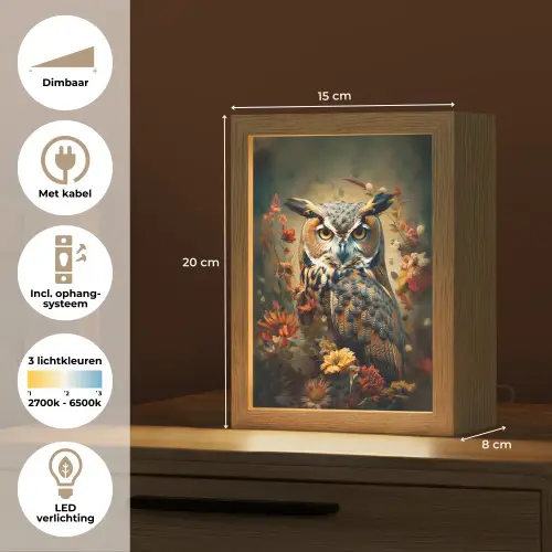 Uil - Vogel - Bloemen - Planten - Botanisch Light Box met kabel (Tafellamp) klein -USP_NL