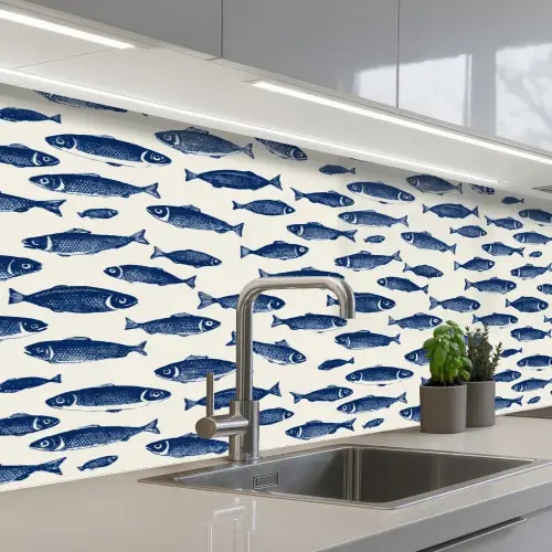 Vissen - Patroon - Blauw - Wit keuken achterwand 2 middel 871 -3d_schuin