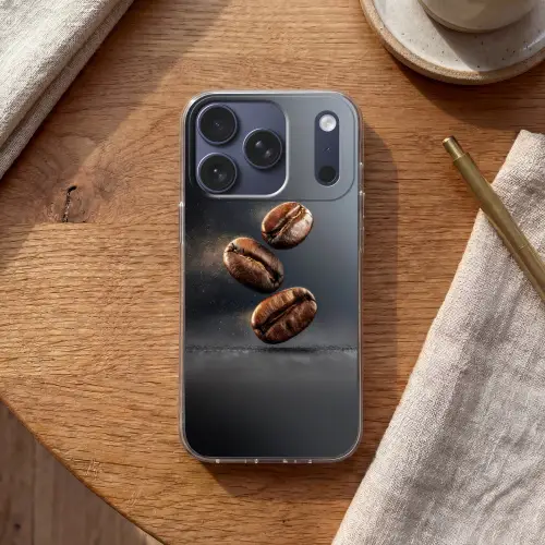 Koffiebonen - Zwevend - Grijs Telefoonhoesje iPhone 17 Pro klein -sfeer1
