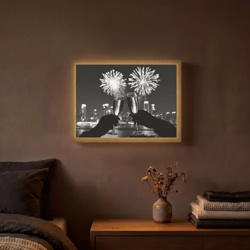Vuurwerk - Proosten - Skyline - Champagne Light Box met batterij (Wandlamp) middel -sfeer4