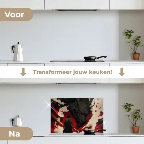 Krijger - Draak - Zwart - Rood - Rook keuken achterwand spatscherm klein -voor_na_NL
