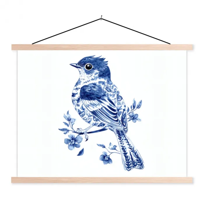 Vogel - Delfts blauw - Illustratie - Bloemen textielposter latten blank klein -3d