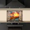 Doorkijk - Raam - Vuurtoren - Zonsondergang - Strand keuken achterwand spatscherm klein -sfeer1